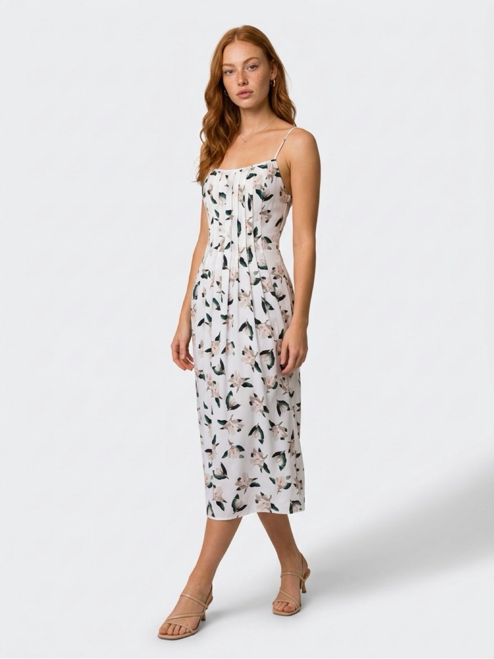Banana Republic White Floral Pleated Dress with Magnolia Blooms